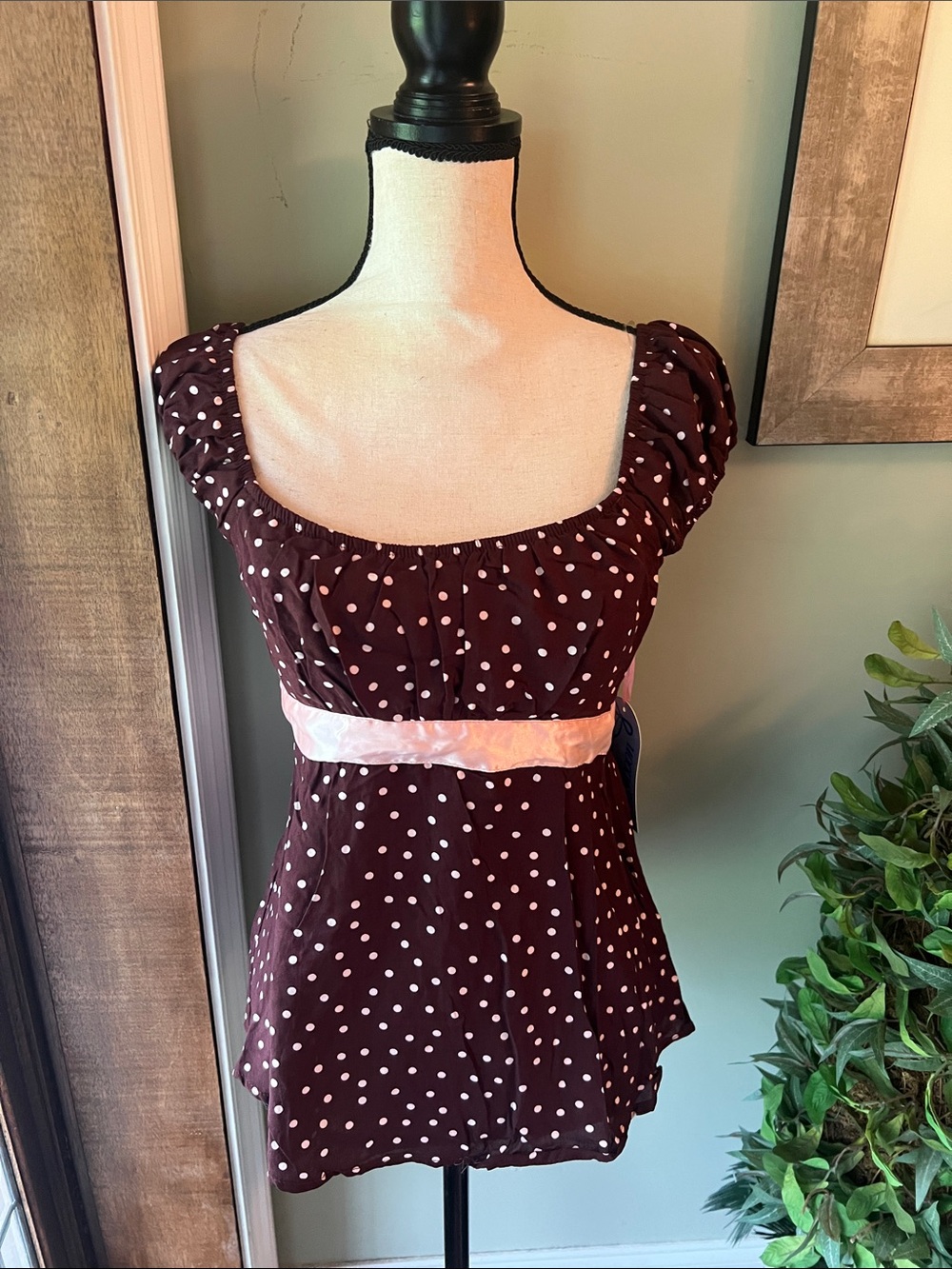 Velvet Moon Brown Polka Dot Top with Pink Dots